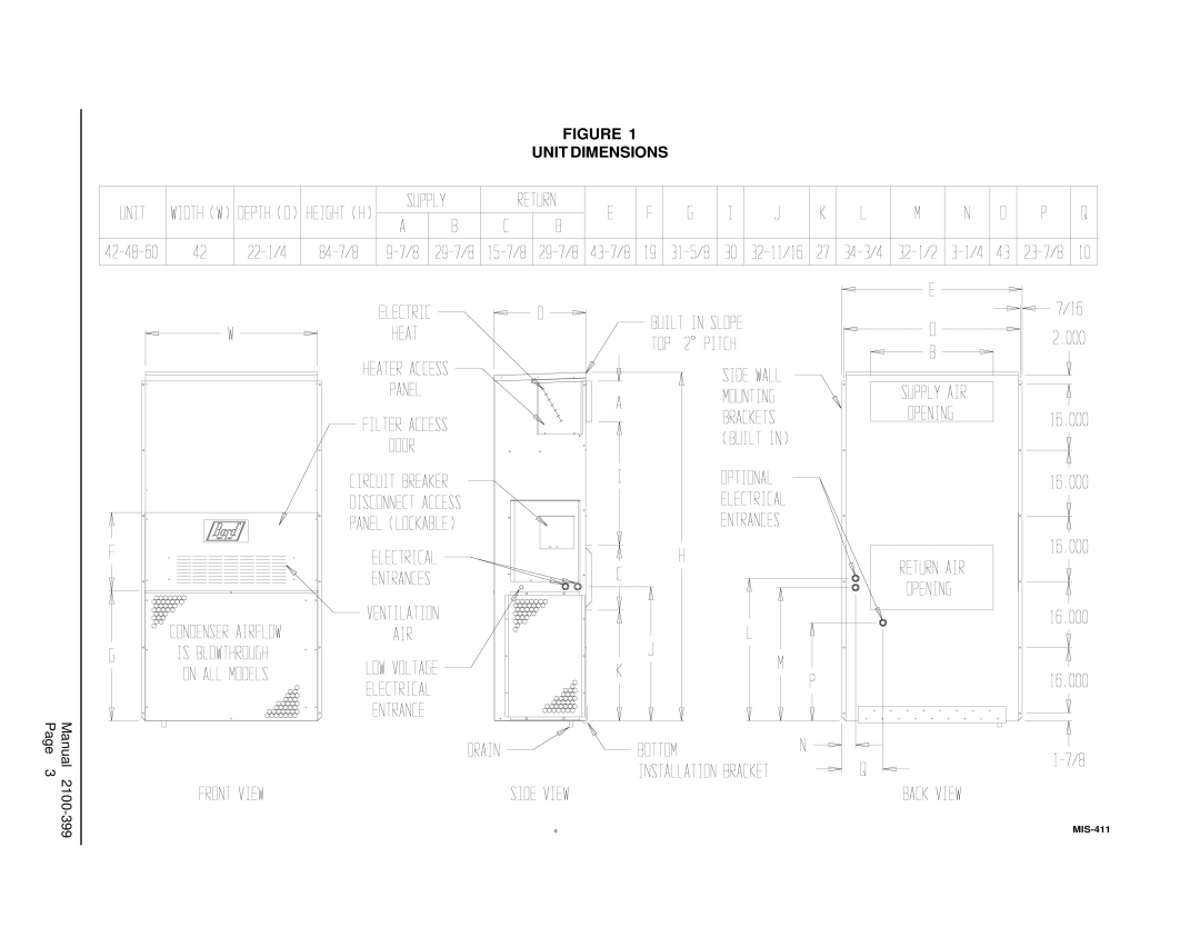 Bard WH421, WH602, WH483 installation instructions Unit Dimensions 