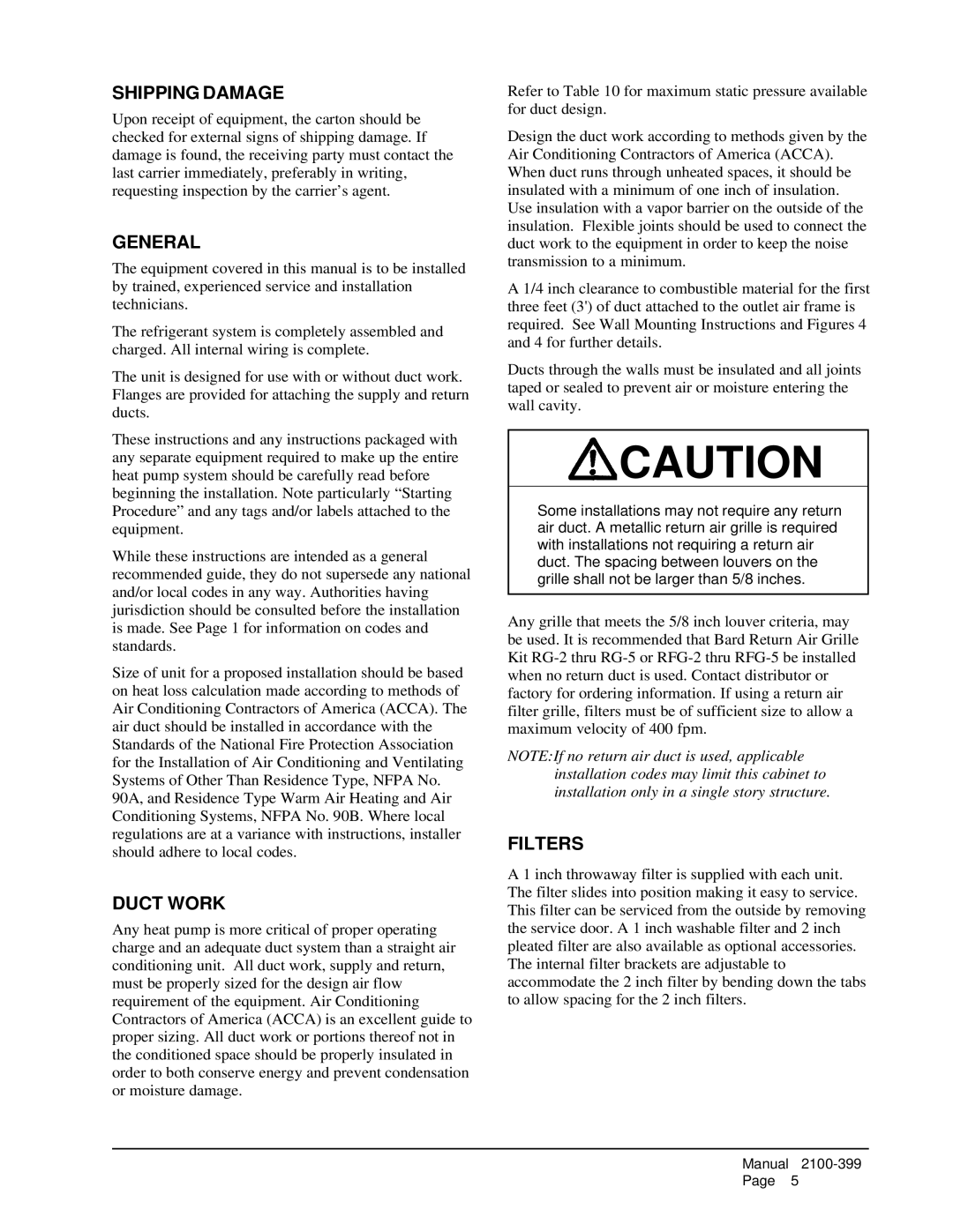 Bard WH483, WH602, WH421 installation instructions Shipping Damage, General, Duct Work, Filters 