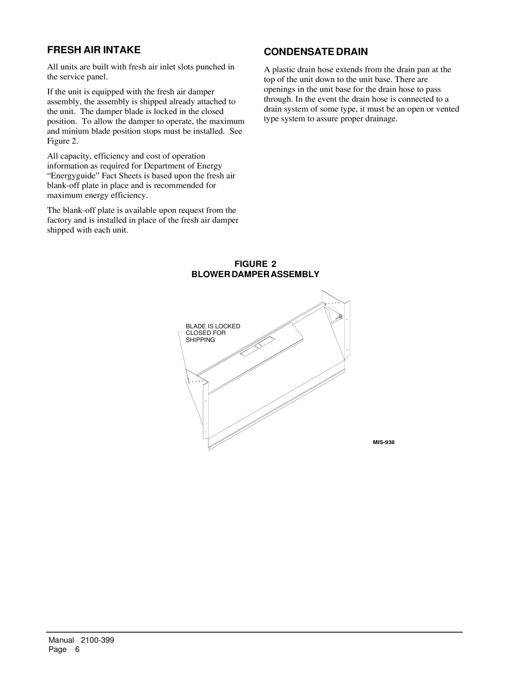 Bard WH421, WH602, WH483 installation instructions Fresh AIR Intake, Condensate Drain, Blower Damper Assembly 