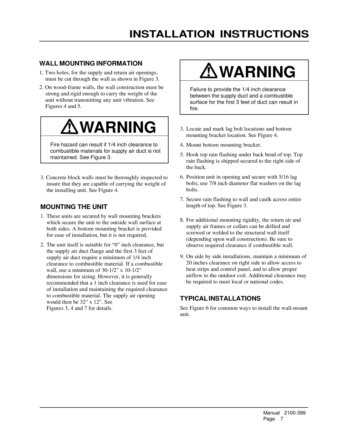 Bard WH602, WH483, WH421 Installation Instructions, Wall Mounting Information, Mounting the Unit, Typical Installations 