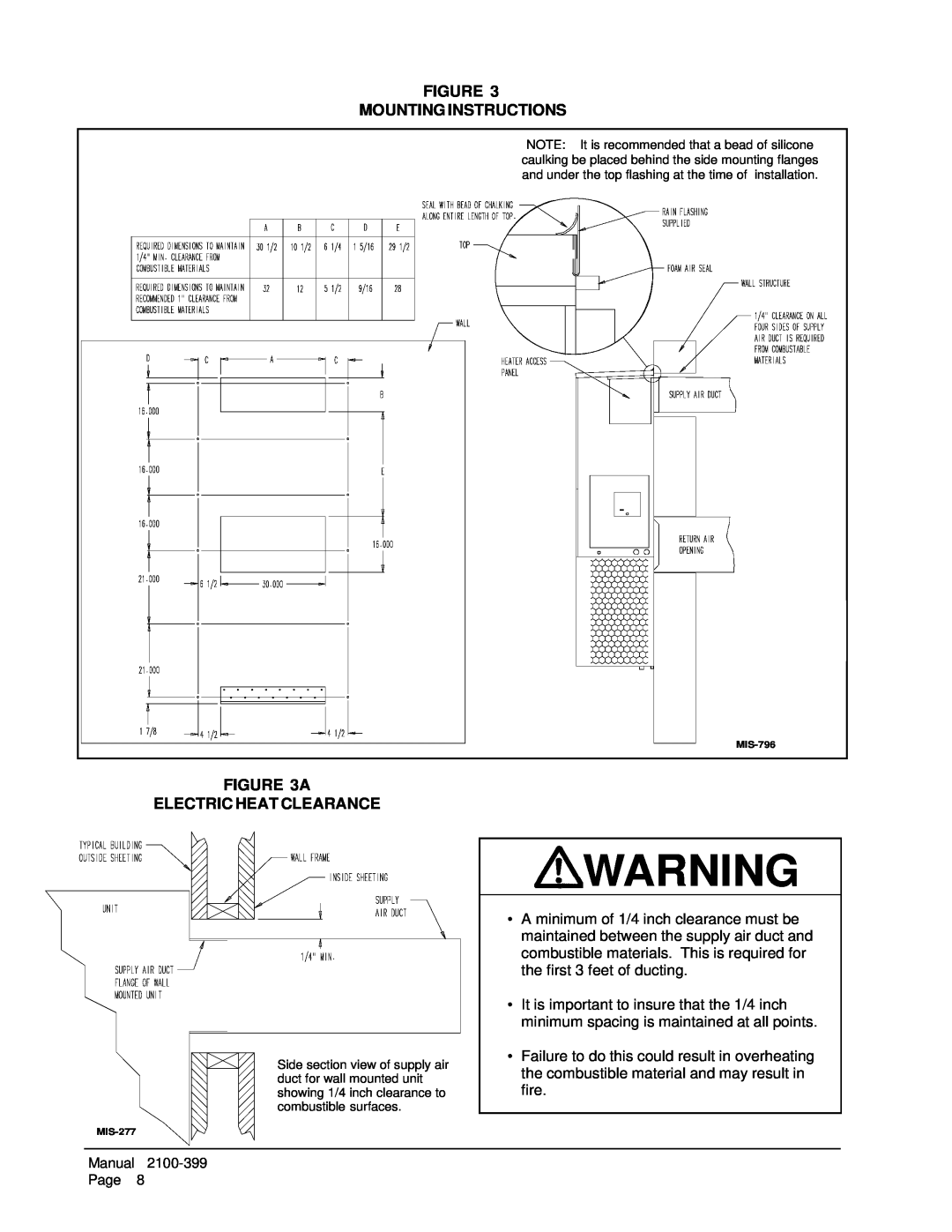Bard WH483, WH602, WH421 installation instructions Figure Mounting Instructions, A Electric Heat Clearance, MIS-796, MIS-277 