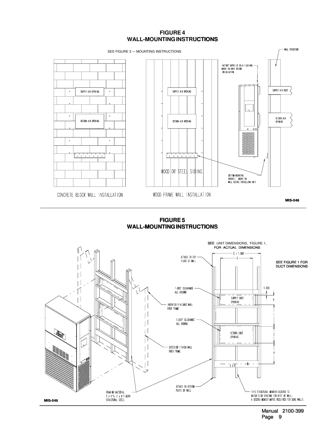 Bard WH421, WH602 Figure Wall-Mountinginstructions, See - Mounting Instructions, MIS-548, See For Duct Dimensions, MIS-549 