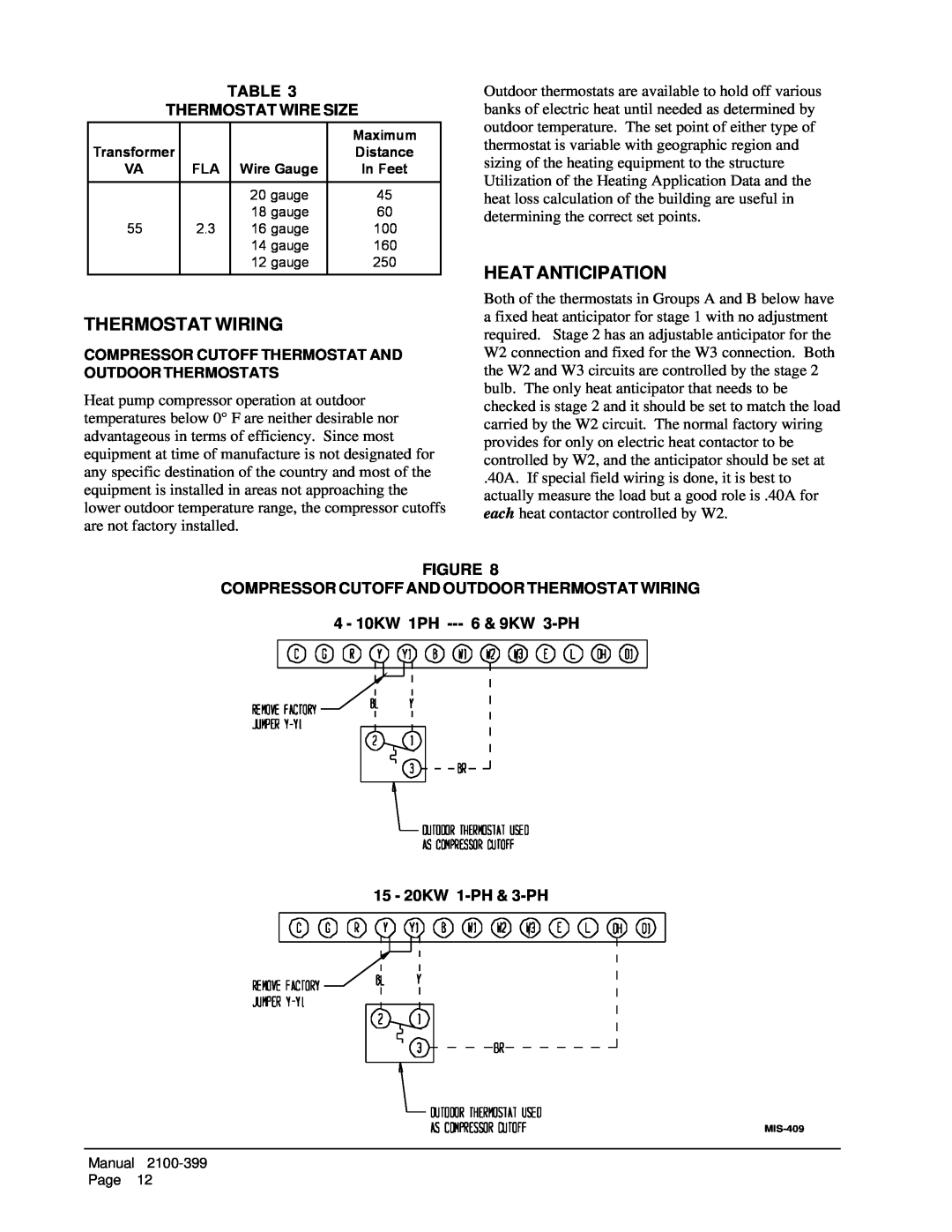 Bard WH421, WH602, WH483 installation instructions Thermostat Wiring, Heat Anticipation, Table Thermostat Wire Size 