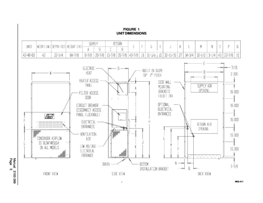 Bard WH421, WH602, WH483 installation instructions Figure Unit Dimensions, Page, Manual, 2100-399, MIS-411 