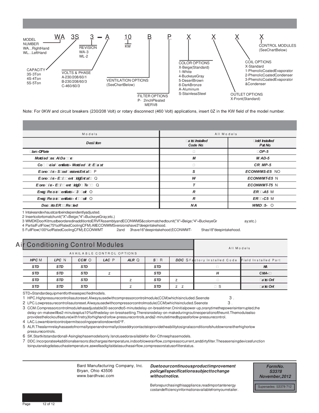 Bard WL3S, WL5S, WA5S Air Conditioning Wall-Mount Model Nomenclature, WA 3S, P X, Ventilation Options, Models All Models 