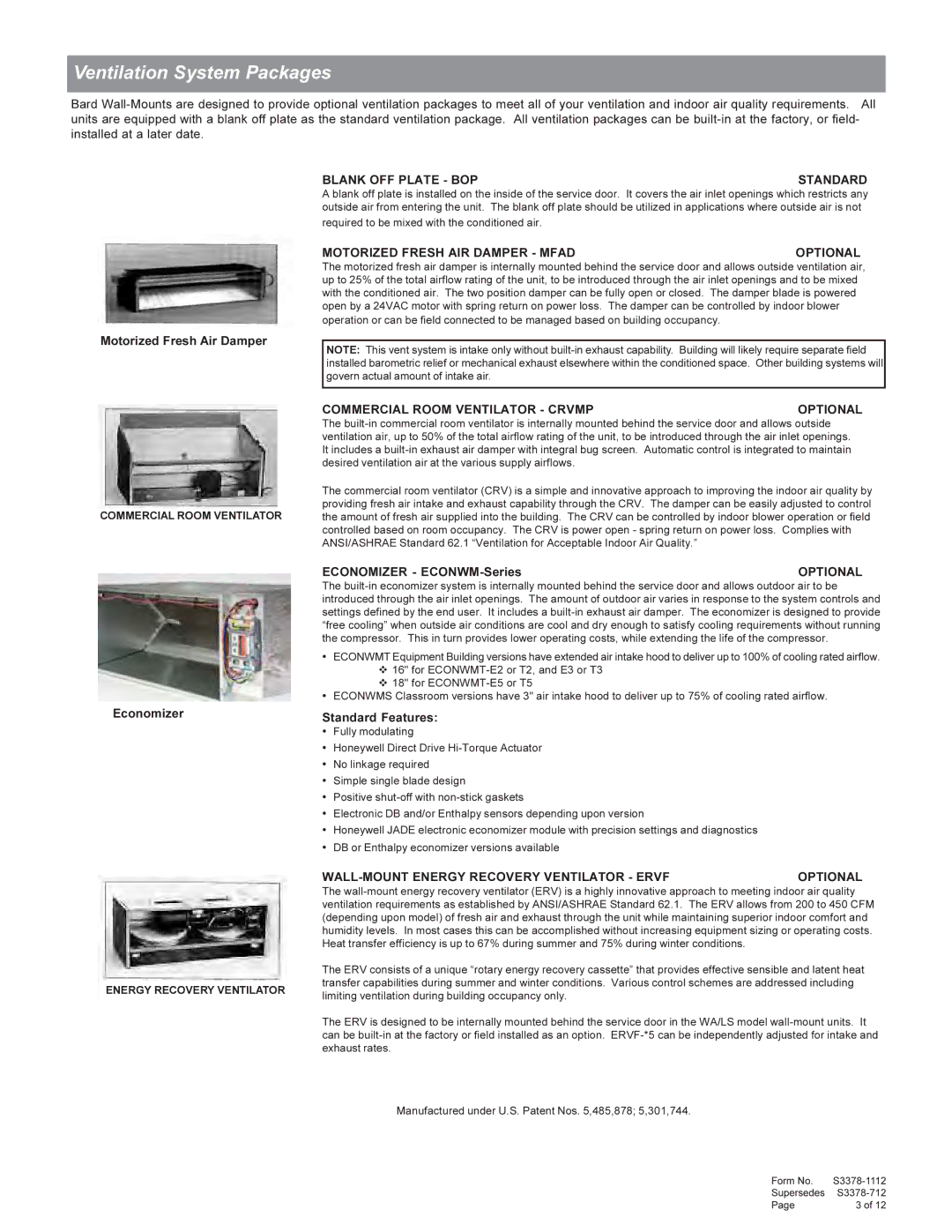 Bard WA3S, WL3S, WL5S, WA5S manual Ventilation System Packages, Blank OFF Plate BOP Standard 