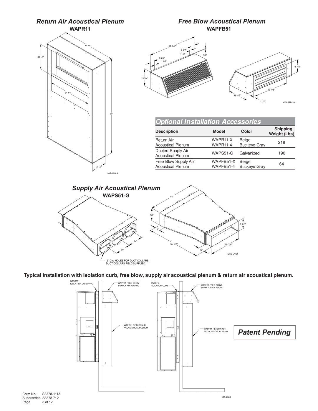 Bard WL3S, WL5S, WA5S, WA3S manual Return Air Acoustical Plenum Free Blow Acoustical Plenum, Supply Air Acoustical Plenum 