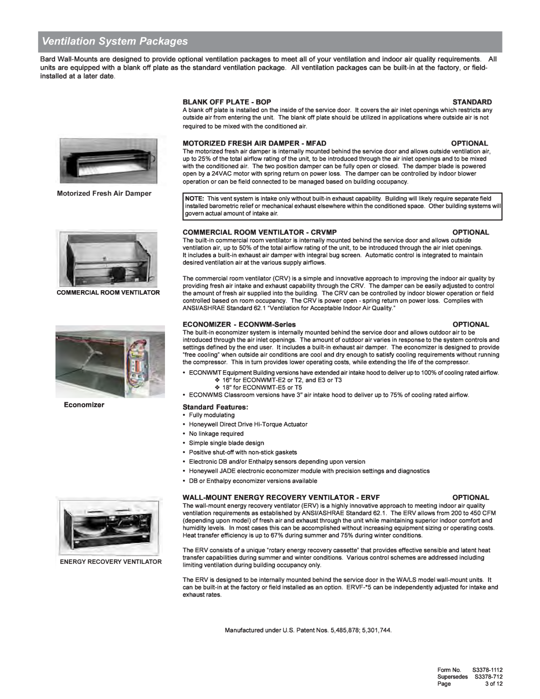 Bard WA3S, WL3S, WL5S, WA5S manual Ventilation System Packages 