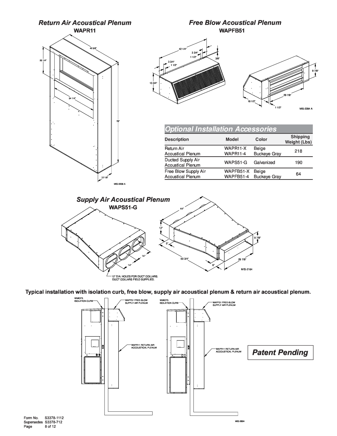 Bard WL3S Patent Pending, Return Air Acoustical Plenum, Free Blow Acoustical Plenum, Supply Air Acoustical Plenum, WAPFB51 