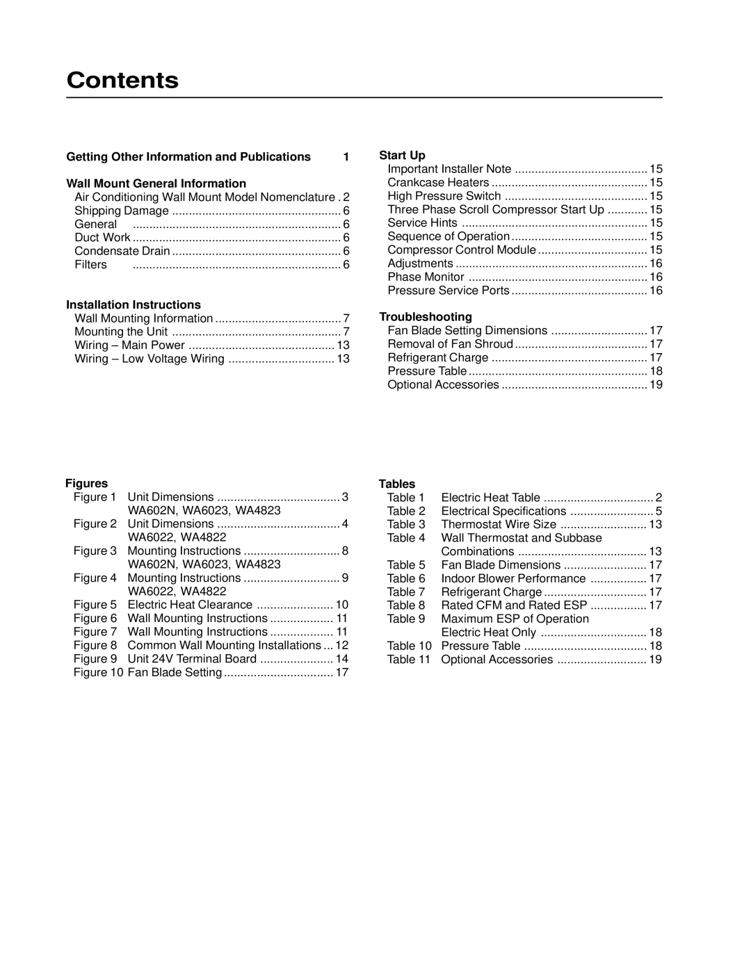 Bard WL4823, WL602N, WL4822, WL6023, WL6022 installation instructions Contents 