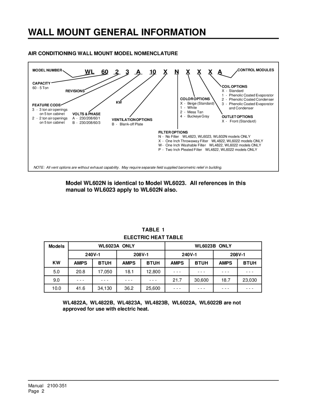 Bard WL6022, WL602N Wall Mount General Information, AIR Conditioning Wall Mount Model Nomenclature, Electric Heat Table 