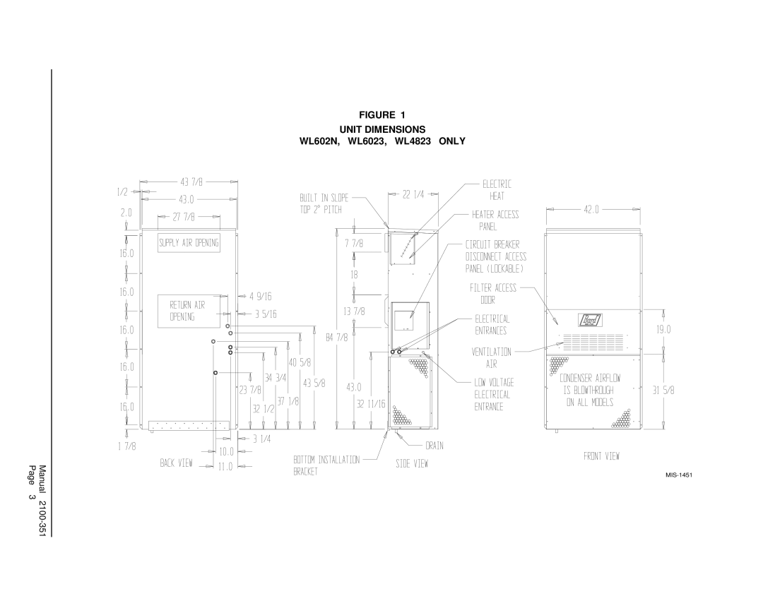 Bard WL4822, WL6022 installation instructions Unit Dimensions, WL602N, WL6023, WL4823 only 