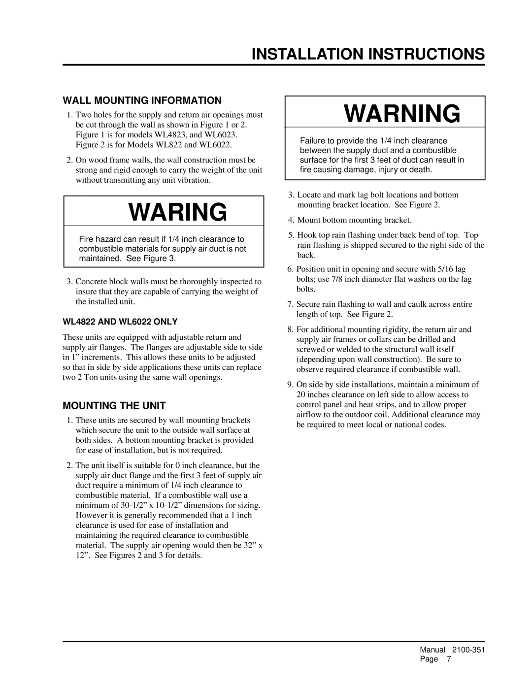 Bard WL602N, WL4823 Installation Instructions, Wall Mounting Information, Mounting the Unit, WL4822 and WL6022 only 