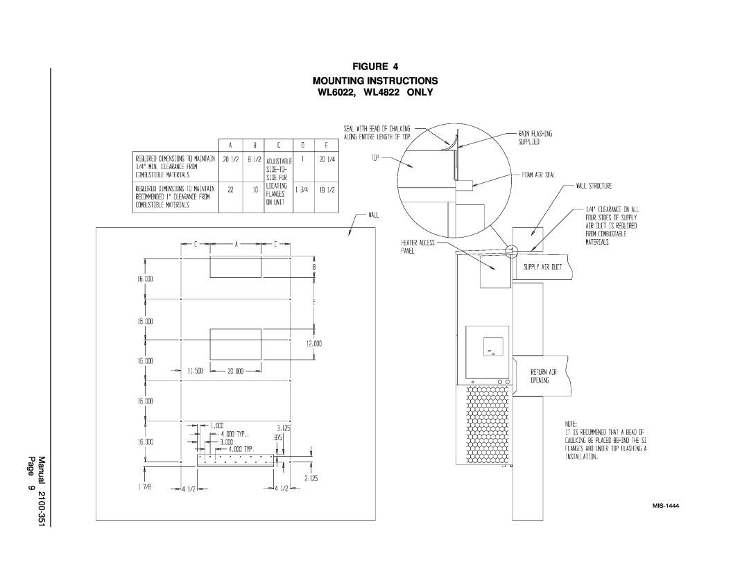 Bard WL602N, WL4823, WL6023 installation instructions MOUNTING INSTRUCTIONS WL6022, WL4822 ONLY, MIS-1444 
