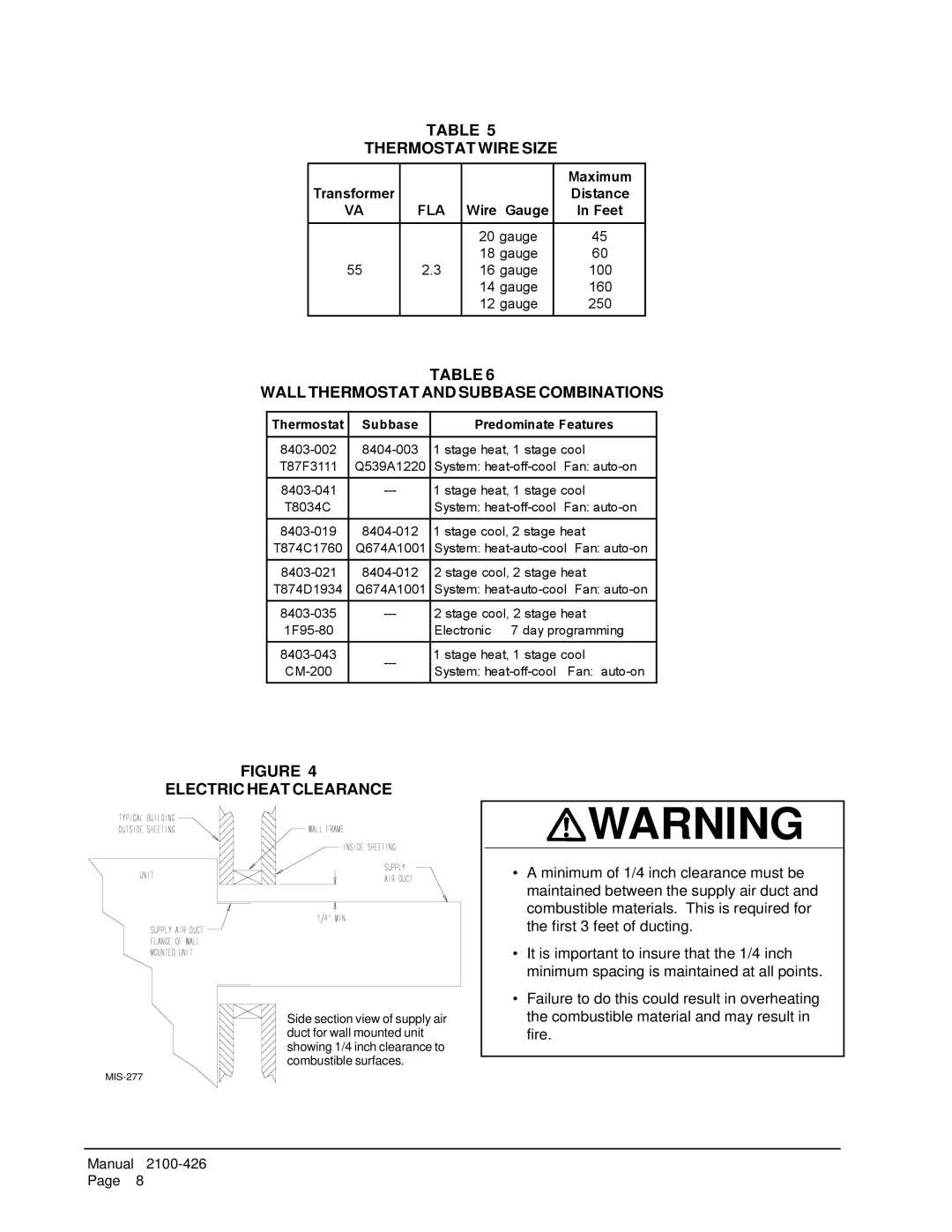 Bard WL701-B, WL701-C, WL702-A Thermostat Wire Size, Wall Thermostat and Subbase Combinations, Electric Heat Clearance 