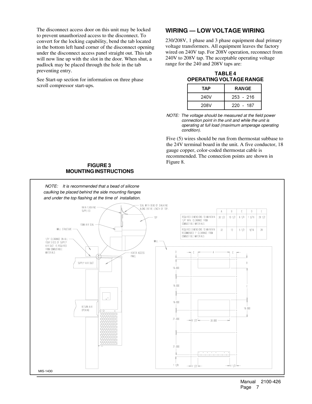 Bard WL701-C, WL701-B, WL702-A Wiring LOW Voltage Wiring, Operating Voltage Range, Mounting Instructions 