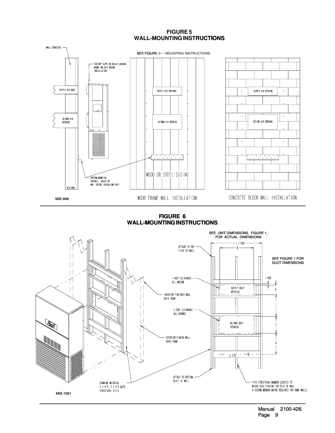 Bard WL702-A Figure Wall-Mountinginstructions, SEE - MOUNTING INSTRUCTIONS MIS-948, SEE FOR DUCT DIMENSIONS MIS-1051 