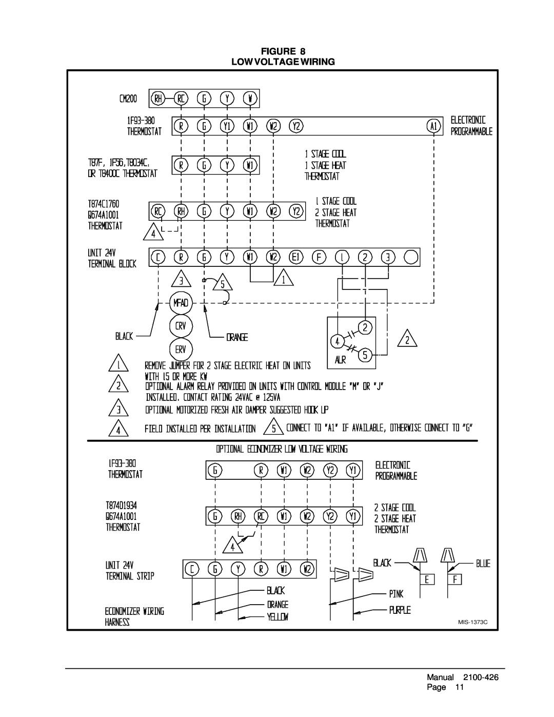 Bard WL701-B, WL701-C, WL702-A installation instructions Figure Low Voltage Wiring, Manual, 2100-426, Page, MIS-1373C 
