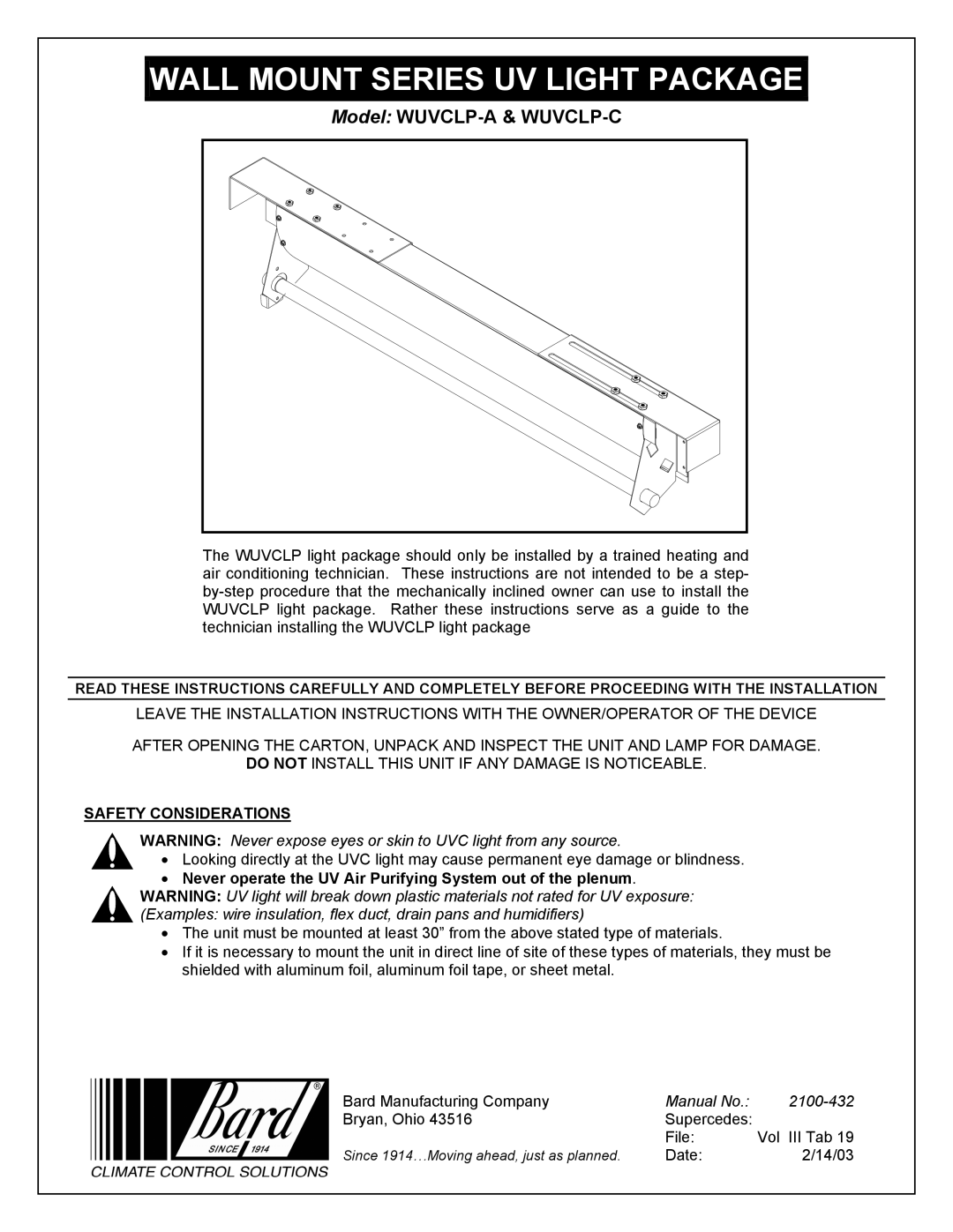 Bard WUVCLP-A, WUVCLP-C installation instructions Wall Mount Series UV Light Package 