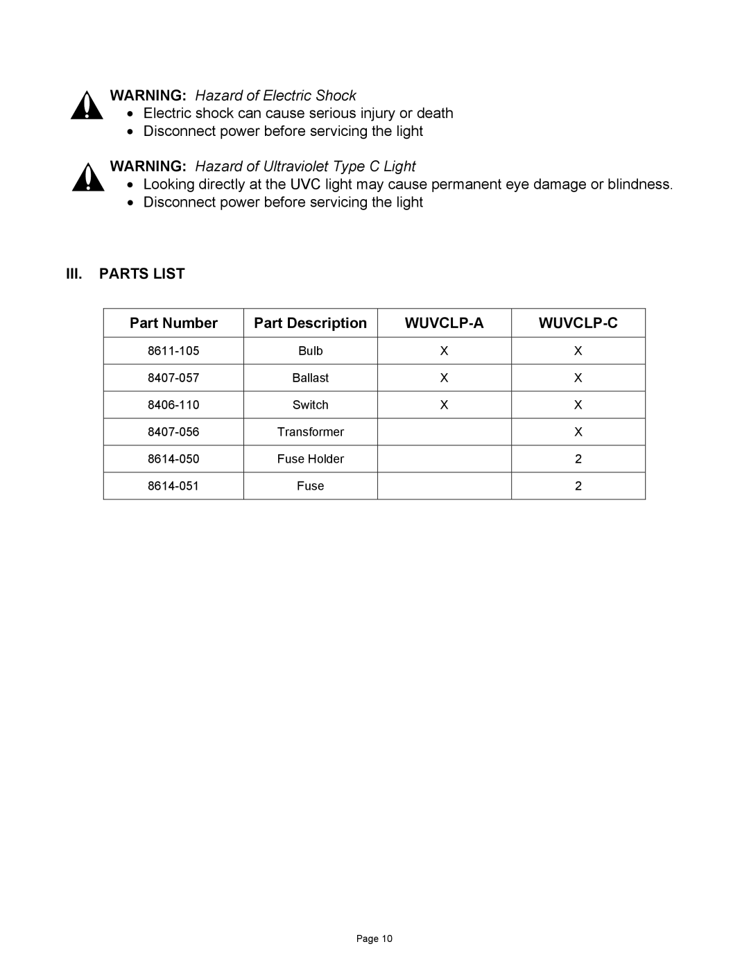 Bard WUVCLP-C, WUVCLP-A installation instructions III. Parts List, Wuvclp-A Wuvclp-C 