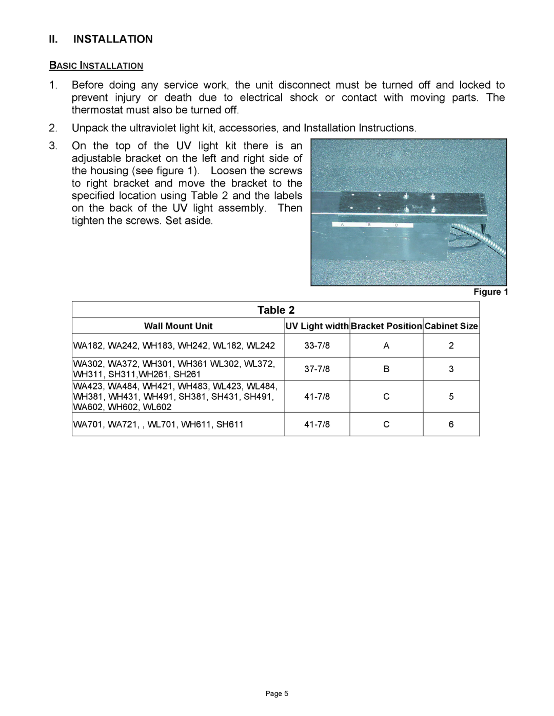 Bard WUVCLP-A, WUVCLP-C installation instructions II. Installation 