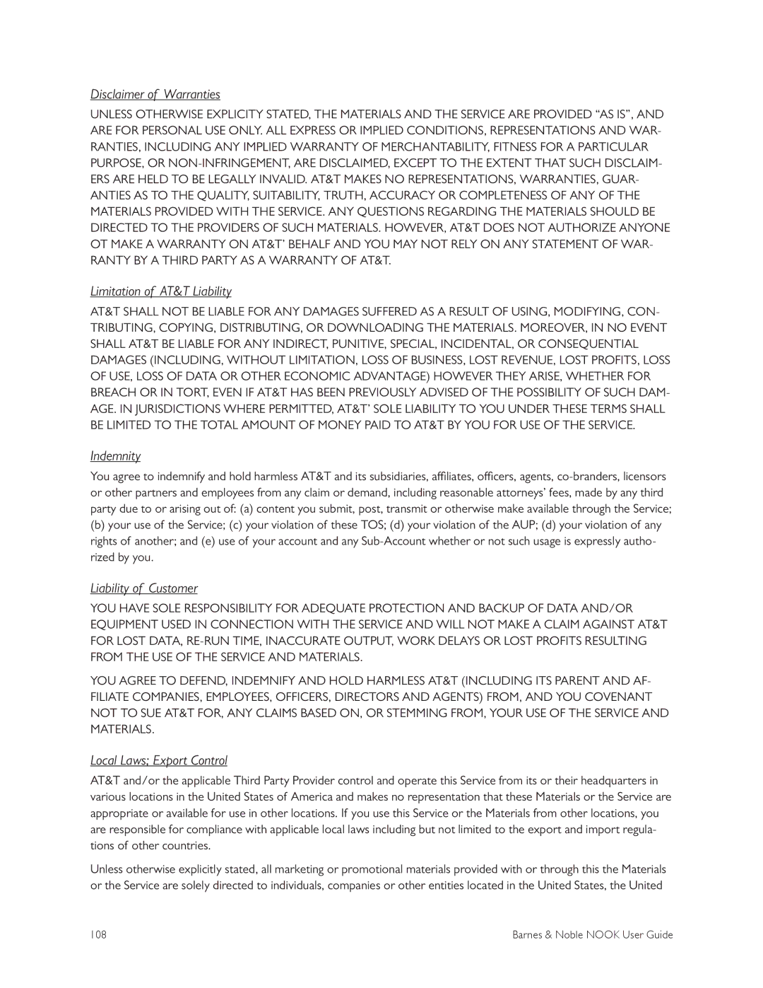 Barnes & Noble BNRV300 manual Disclaimer of Warranties, Limitation of AT&T Liability, Indemnity, Liability of Customer 