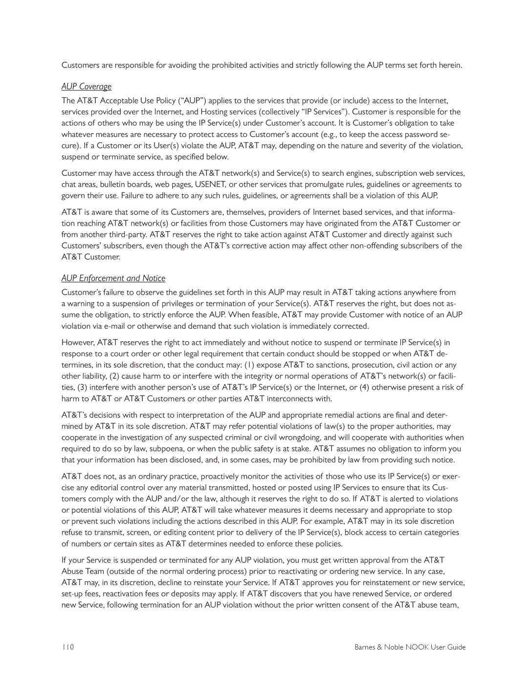 Barnes & Noble BNRV300 manual AUP Coverage, AUP Enforcement and Notice 