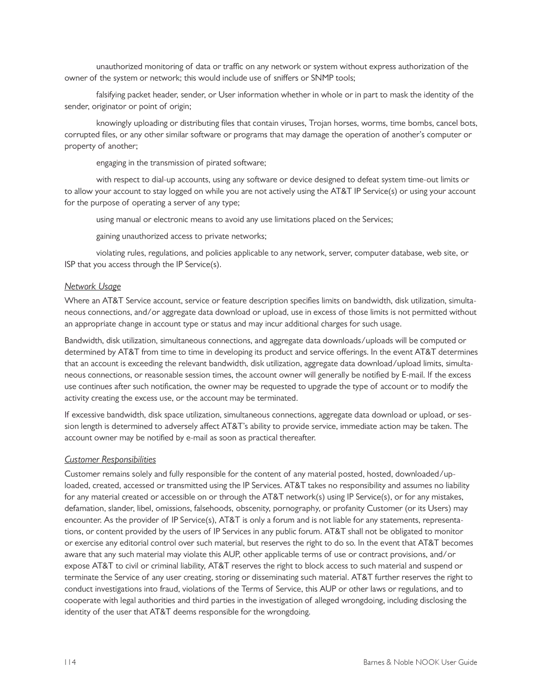 Barnes & Noble BNRV300 manual Network Usage, Customer Responsibilities 