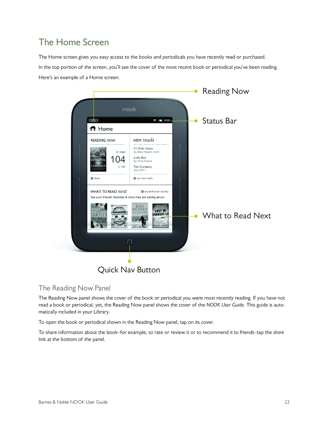 Barnes & Noble BNRV300 manual Home Screen, Reading Now Panel 