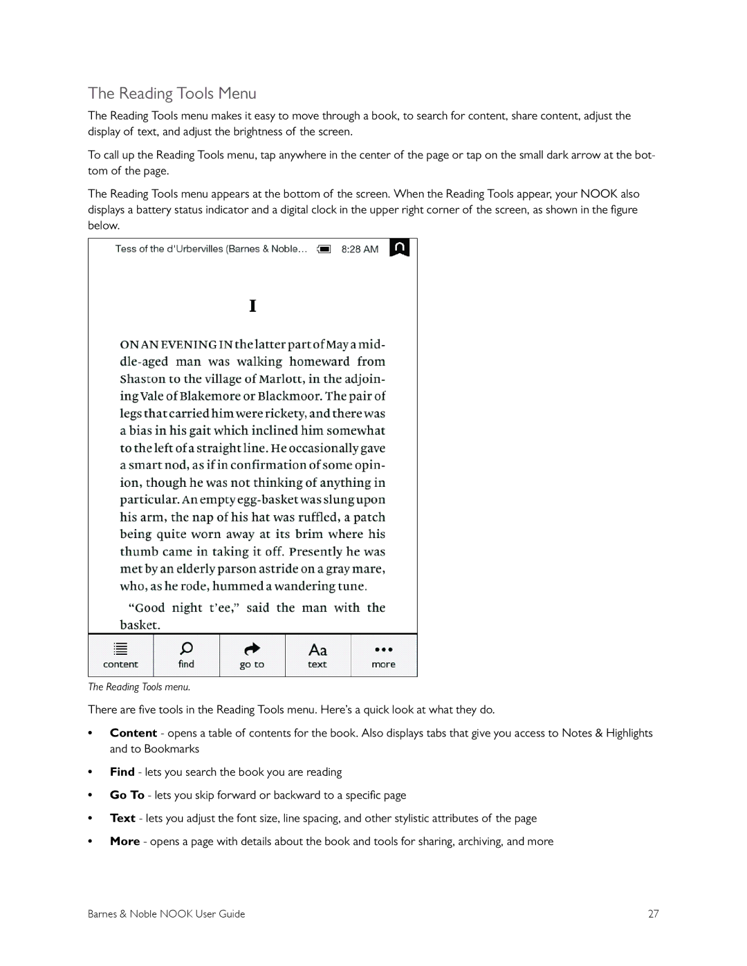 Barnes & Noble BNRV300 manual Reading Tools Menu 