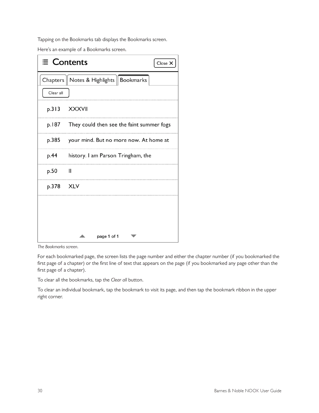 Barnes & Noble BNRV300 manual Bookmarks screen 