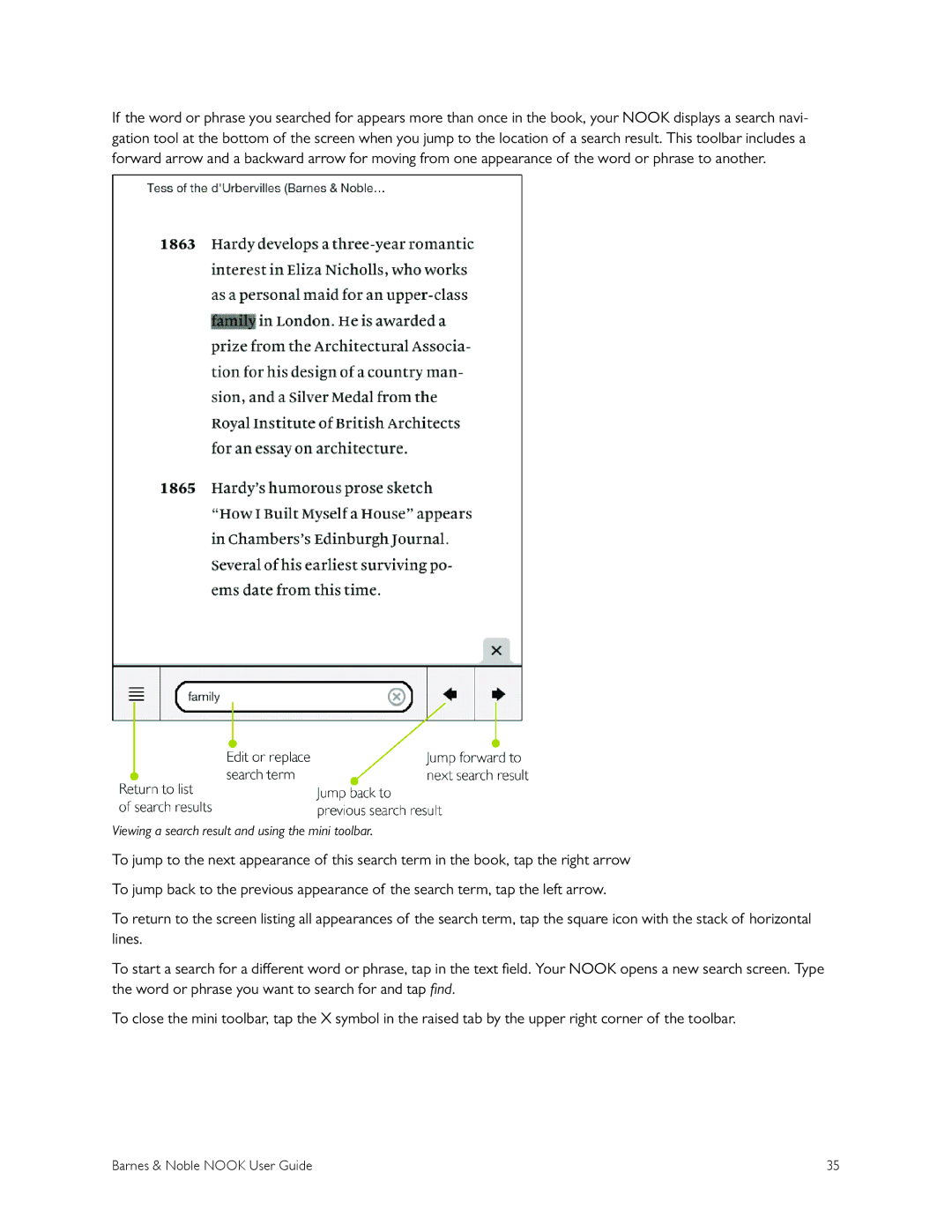 Barnes & Noble BNRV300 manual Viewing a search result and using the mini toolbar 