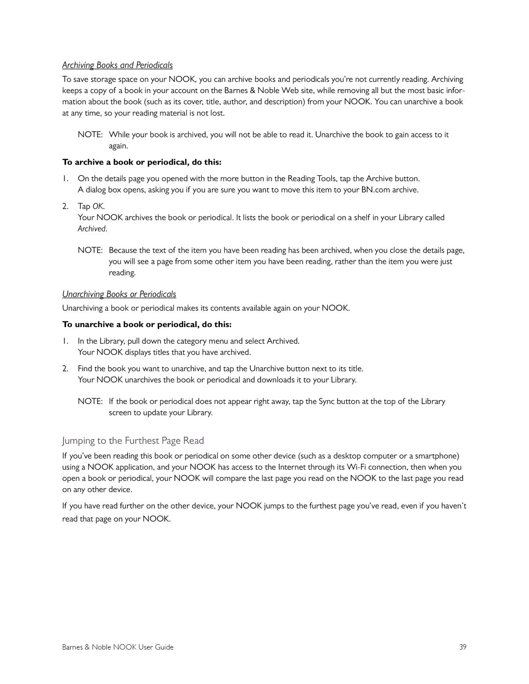 Barnes & Noble BNRV300 manual Jumping to the Furthest Page Read, Archiving Books and Periodicals 