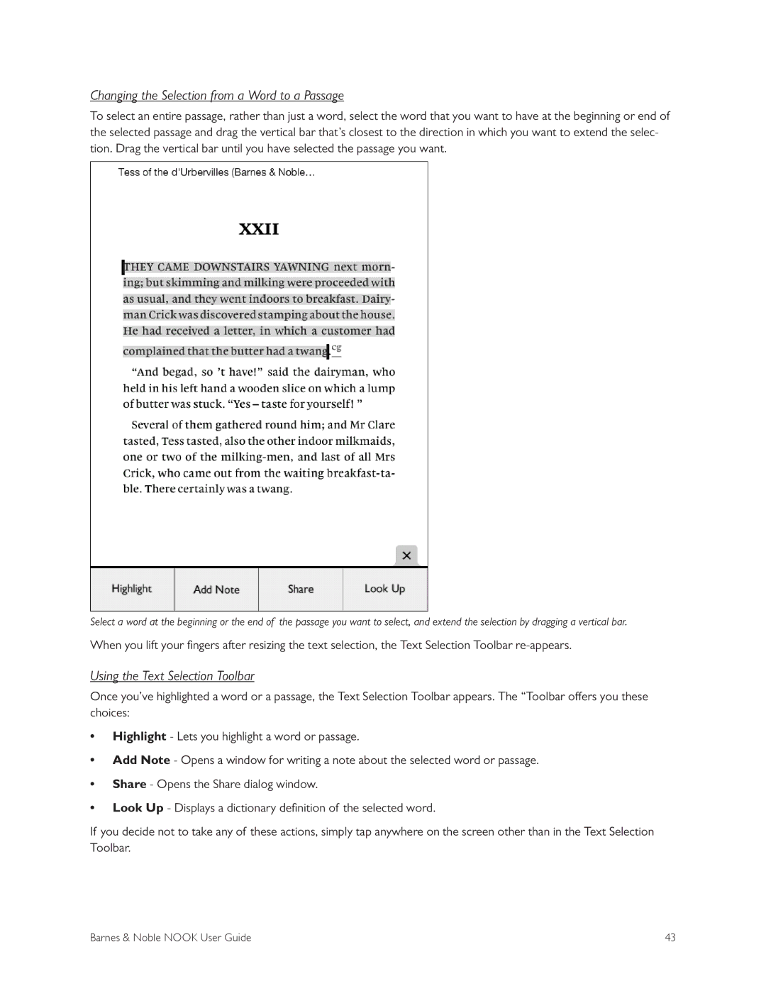 Barnes & Noble BNRV300 manual Changing the Selection from a Word to a Passage, Using the Text Selection Toolbar 