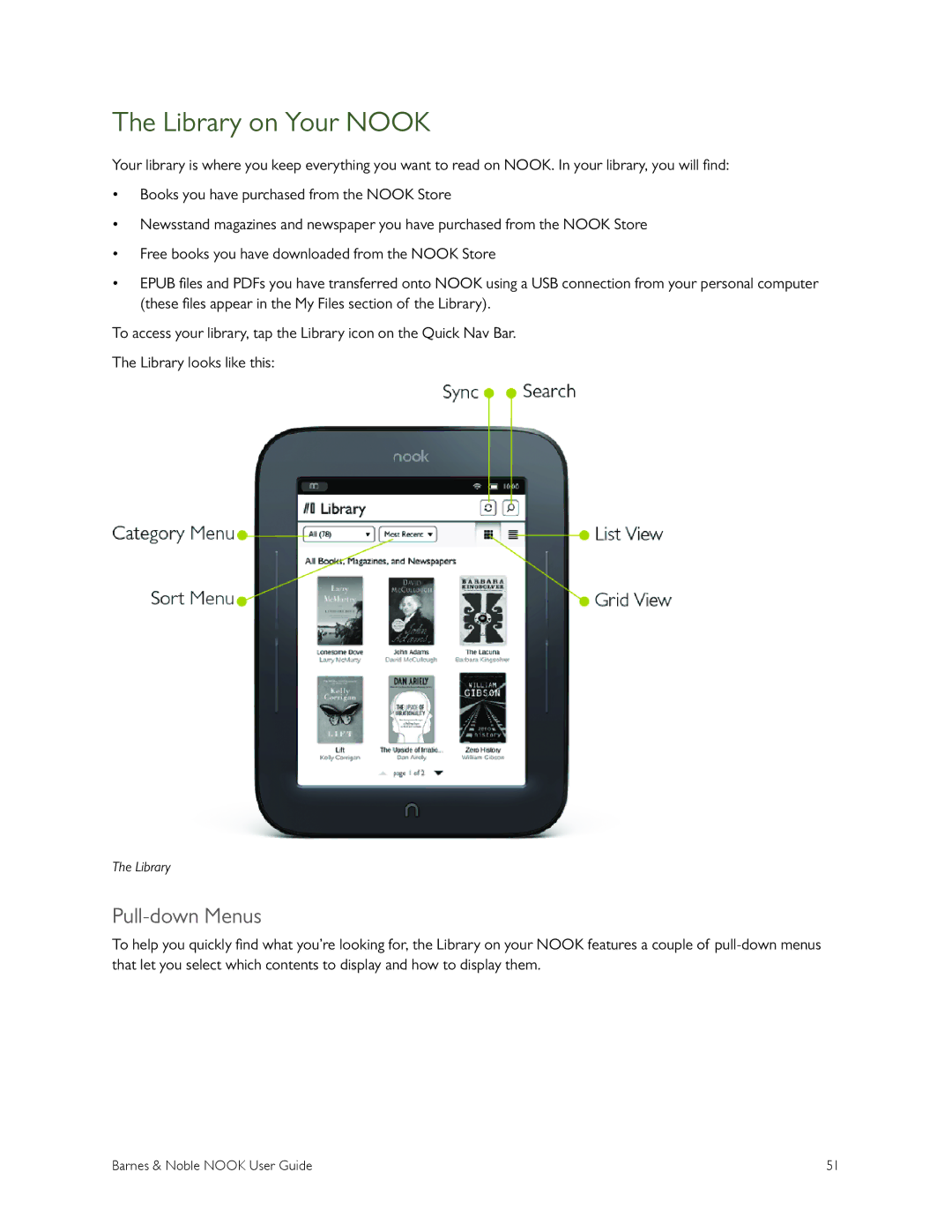 Barnes & Noble BNRV300 manual Library on Your Nook, Pull-down Menus 