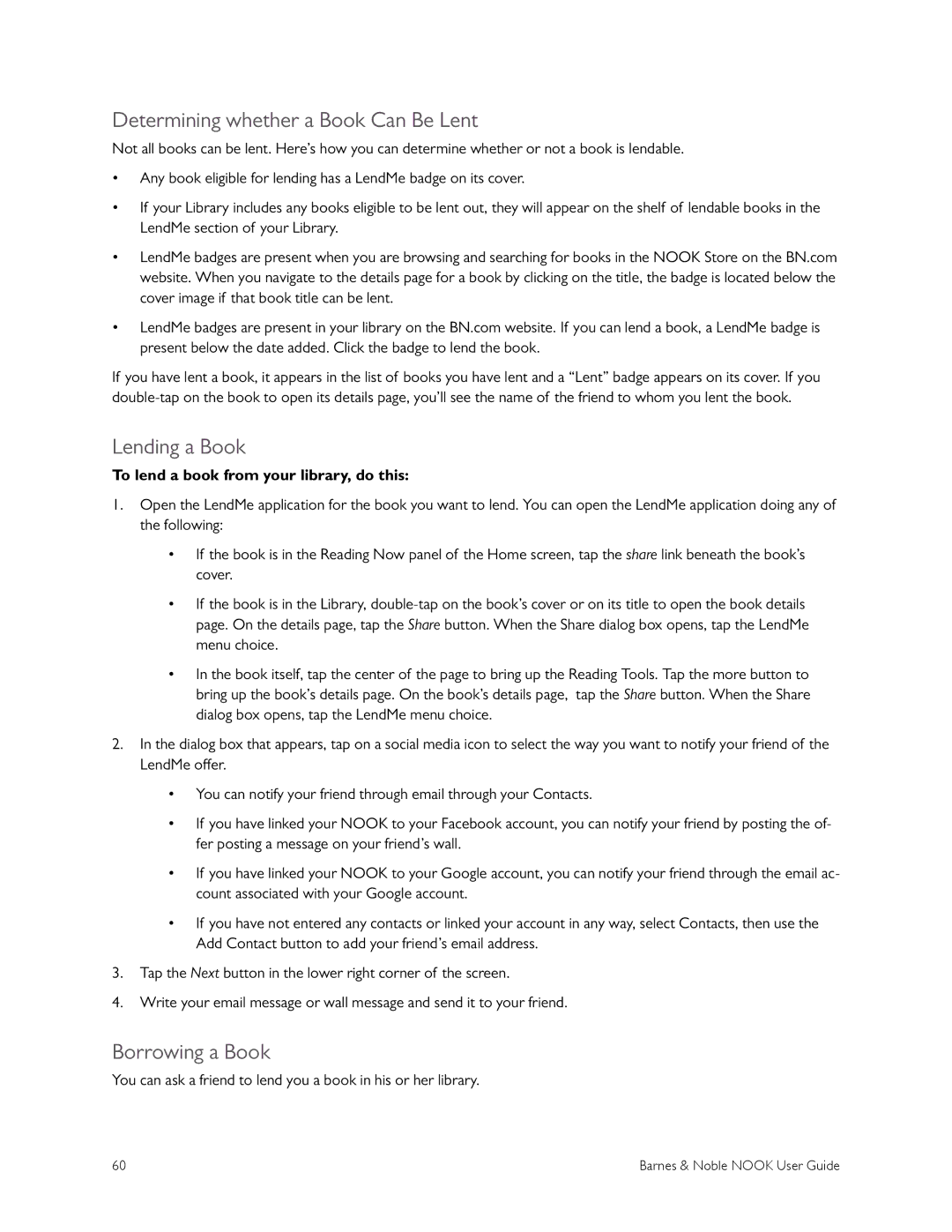 Barnes & Noble BNRV300 manual Determining whether a Book Can Be Lent, Lending a Book, Borrowing a Book 