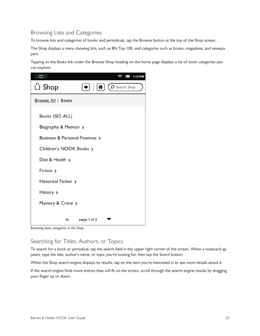 Barnes & Noble BNRV300 manual Browsing Lists and Categories, Searching for Titles, Authors, or Topics 