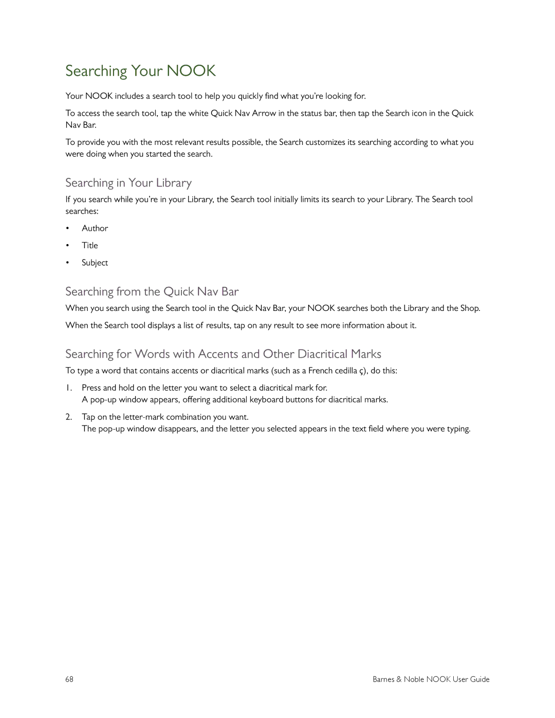 Barnes & Noble BNRV300 manual Searching Your Nook, Searching in Your Library, Searching from the Quick Nav Bar 