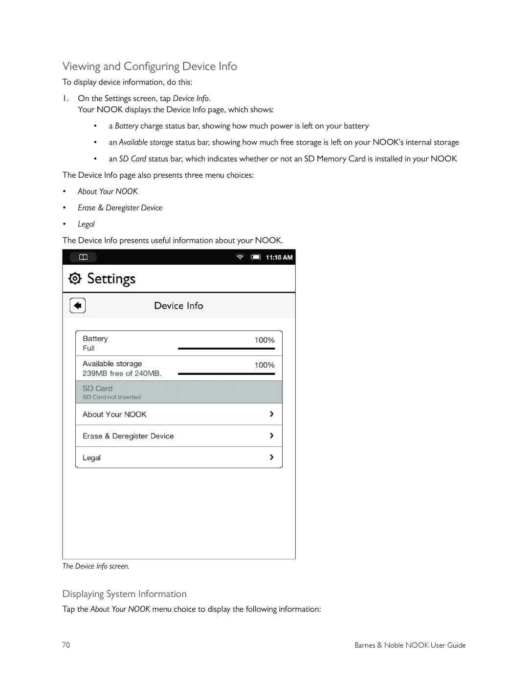 Barnes & Noble BNRV300 manual Viewing and Configuring Device Info, Displaying System Information 