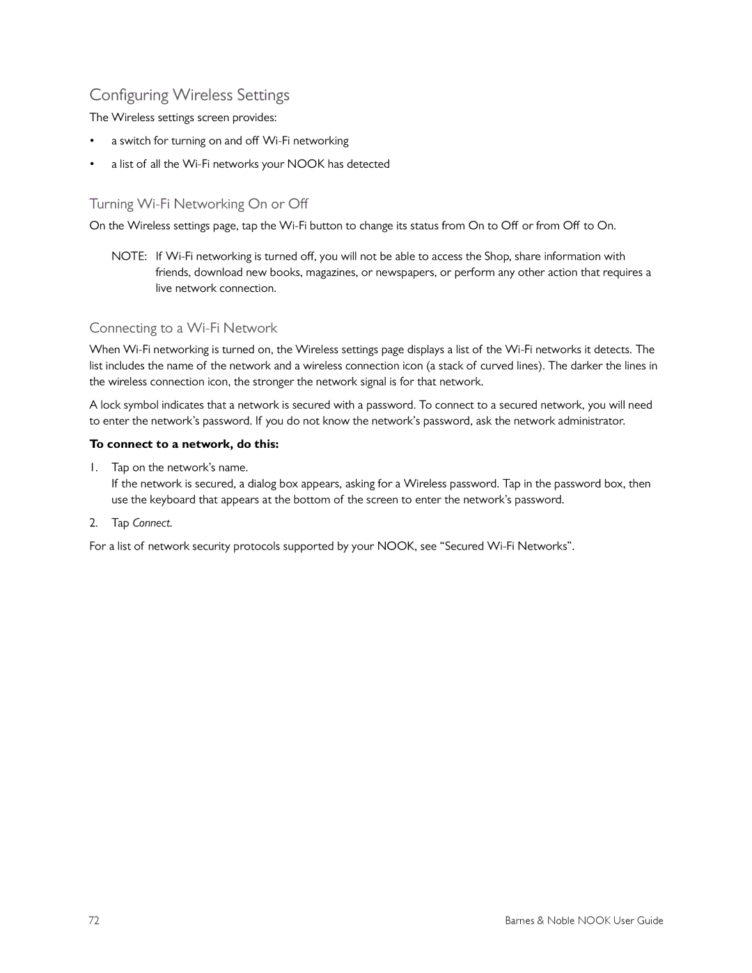 Barnes & Noble BNRV300 Configuring Wireless Settings, Turning Wi-Fi Networking On or Off, Connecting to a Wi-Fi Network 