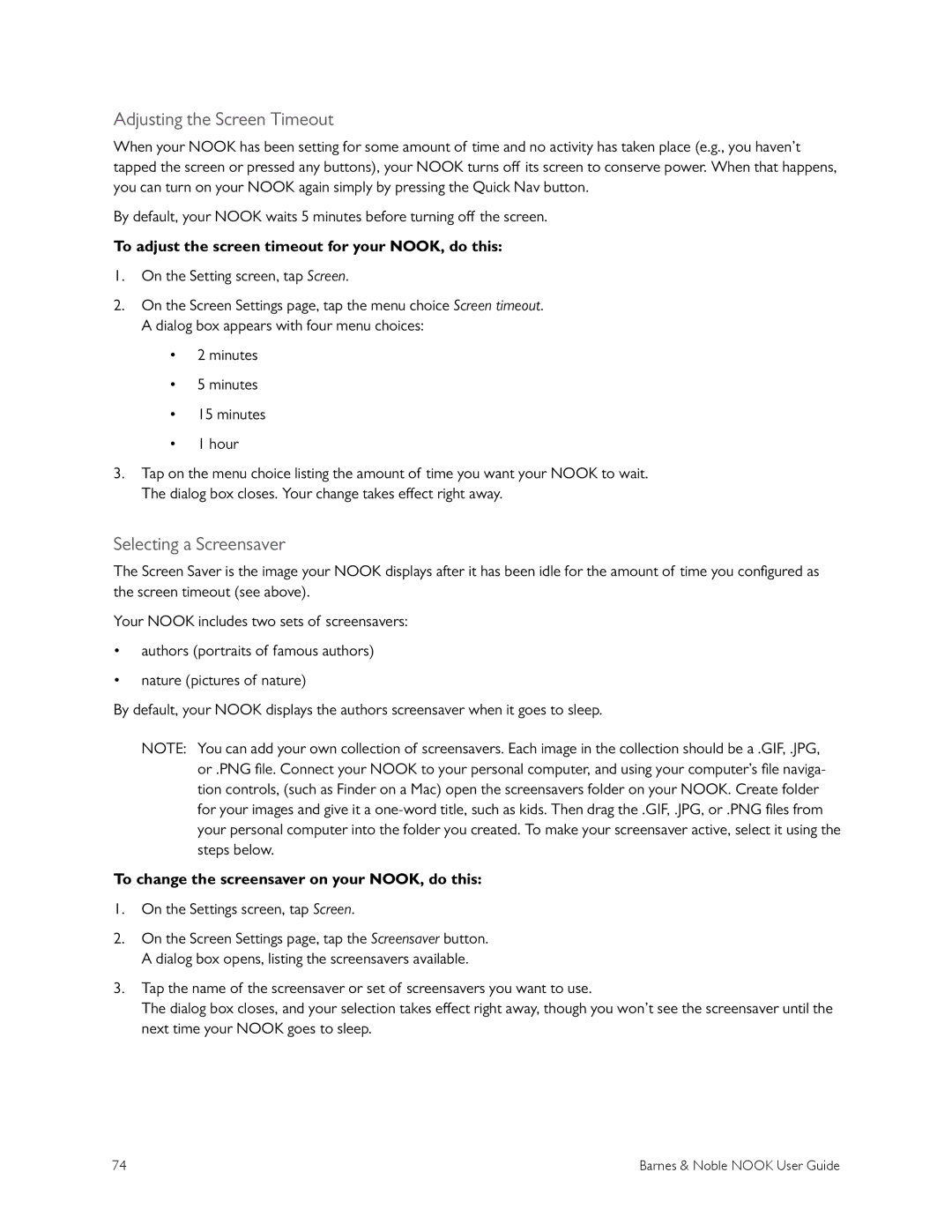 Barnes & Noble BNRV300 manual Adjusting the Screen Timeout, Selecting a Screensaver 