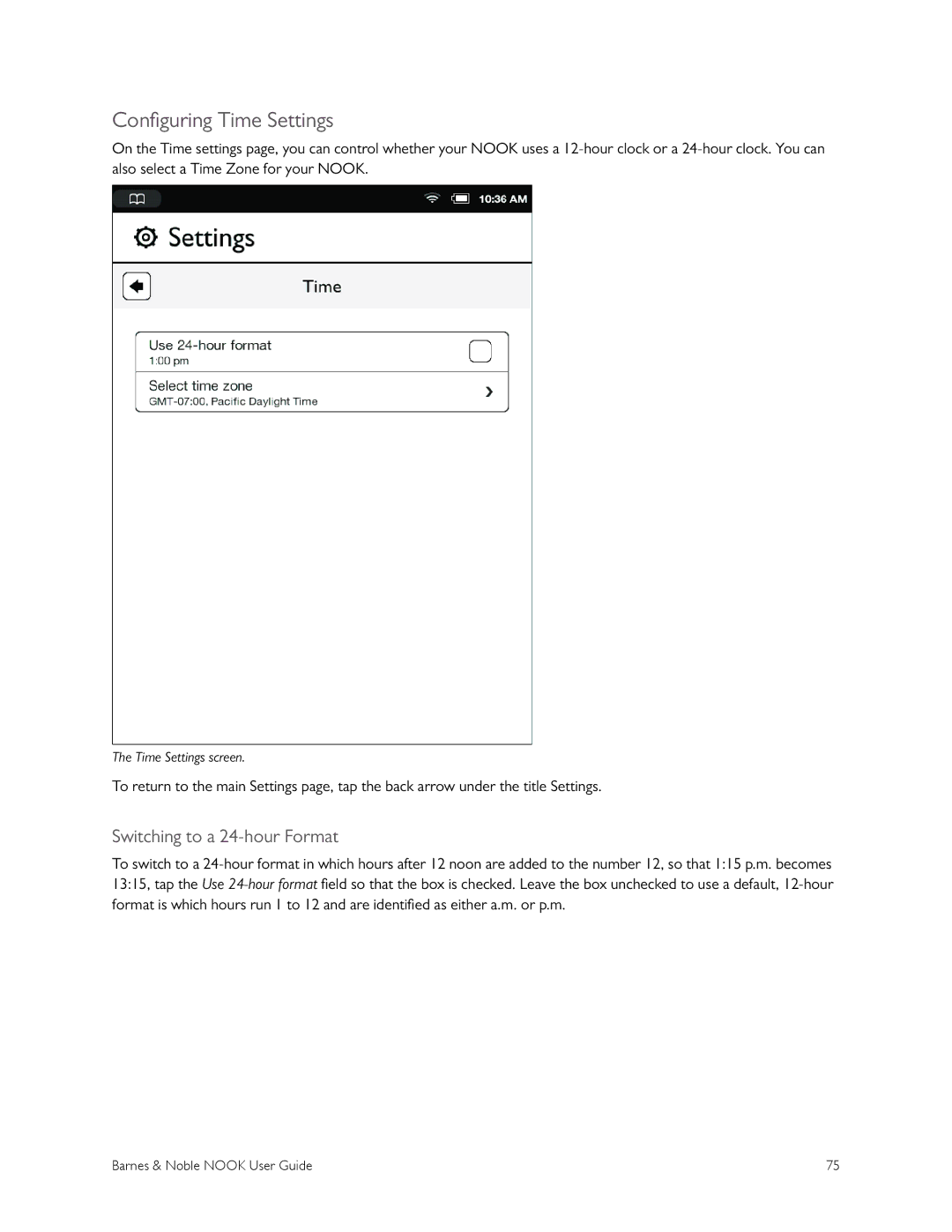 Barnes & Noble BNRV300 manual Configuring Time Settings, Switching to a 24-hour Format 