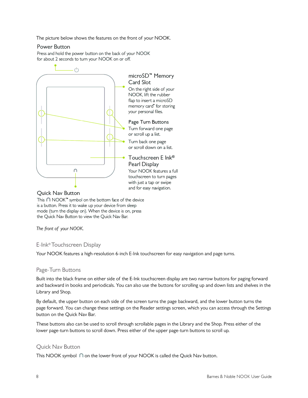 Barnes & Noble BNRV300 manual InkTouchscreen Display, Page-Turn Buttons, Quick Nav Button, Front of your Nook 