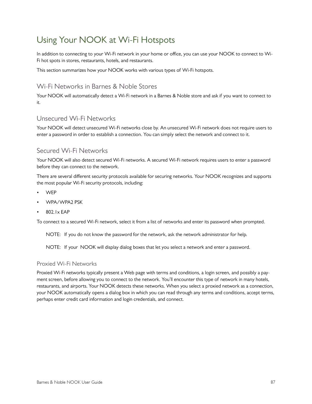 Barnes & Noble BNRV300 Using Your Nook at Wi-Fi Hotspots, Wi-Fi Networks in Barnes & Noble Stores, Secured Wi-Fi Networks 