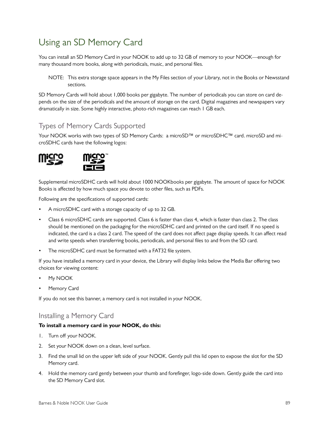 Barnes & Noble BNRV300 manual Using an SD Memory Card, Types of Memory Cards Supported, Installing a Memory Card 