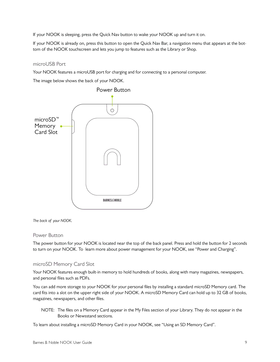 Barnes & Noble BNRV300 manual MicroUSB Port, Power Button, MicroSD Memory Card Slot 