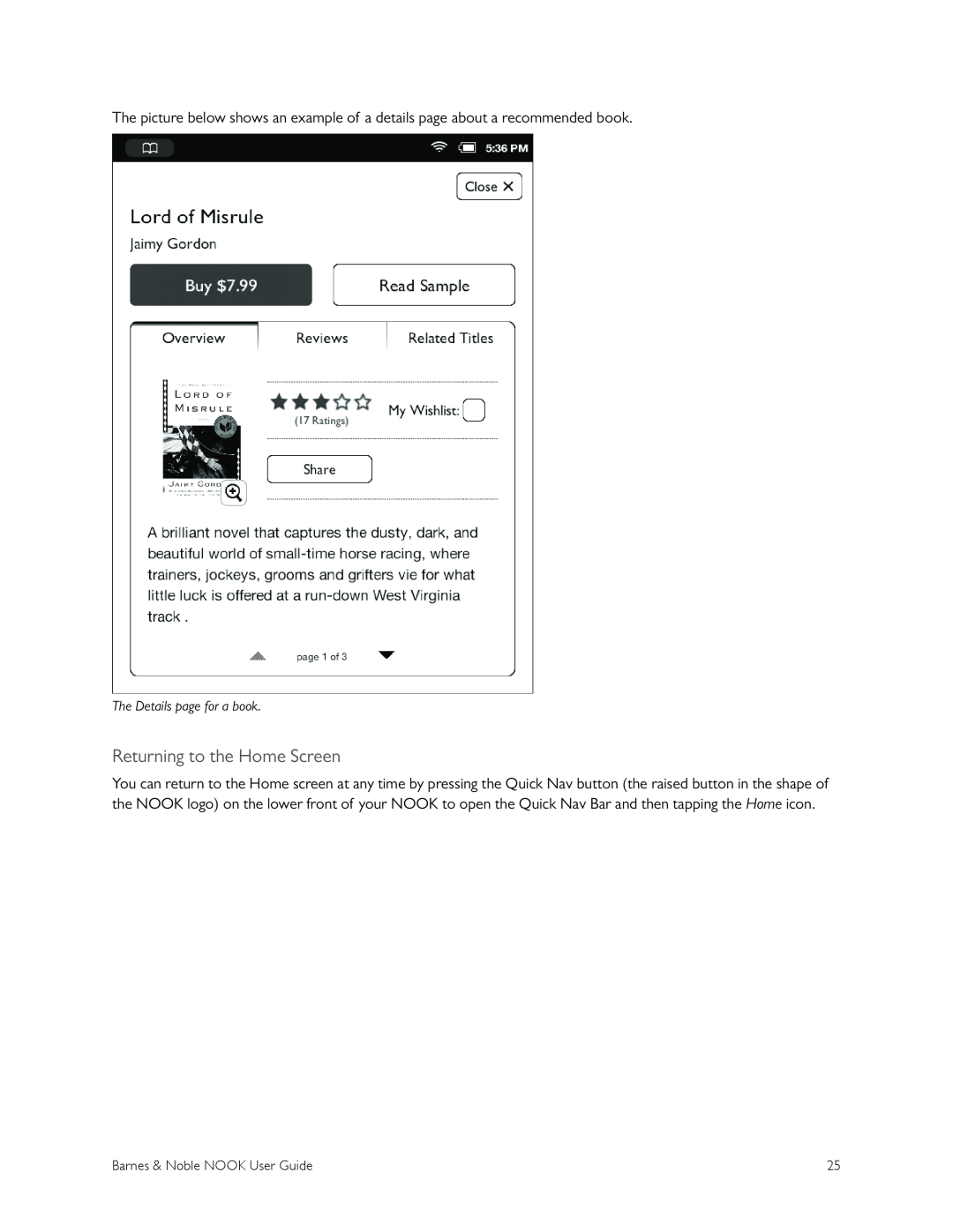 Barnes & Noble BNRV300 manual Returning to the Home Screen, The Details page for a book, Barnes & Noble NOOK User Guide 