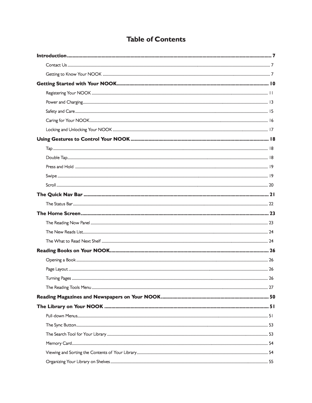 Barnes & Noble BNRV300 Table of Contents, Introduction, Getting Started with Your NOOK, The Quick Nav Bar, The Home Screen 