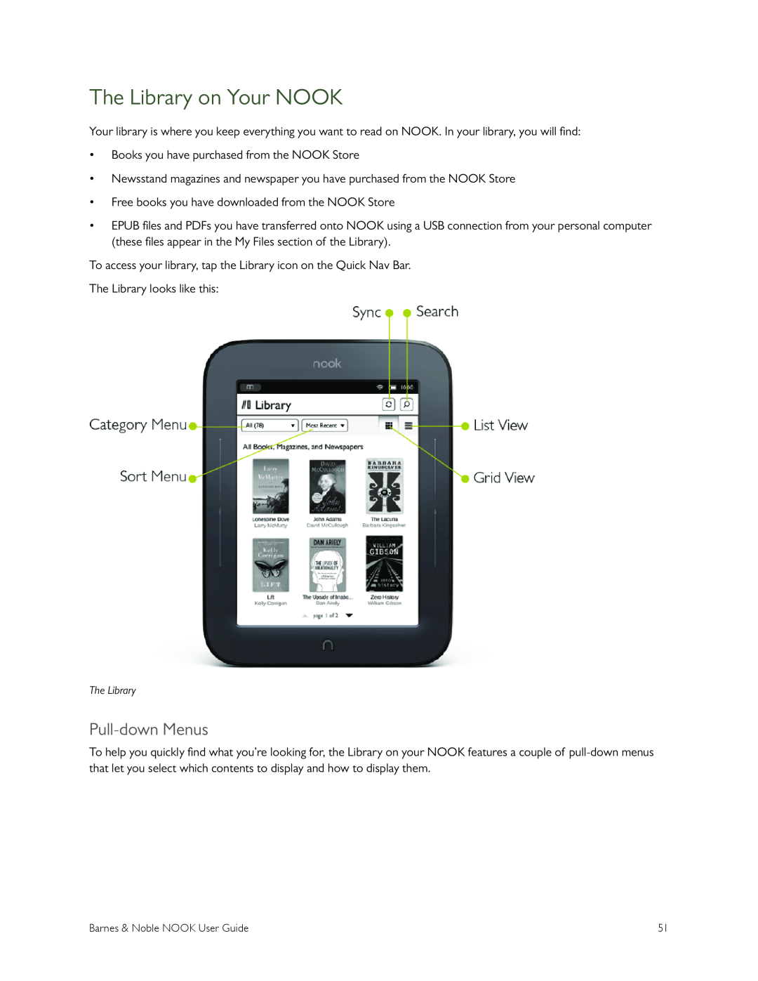 Barnes & Noble BNRV300 manual The Library on Your NOOK, Pull-down Menus 