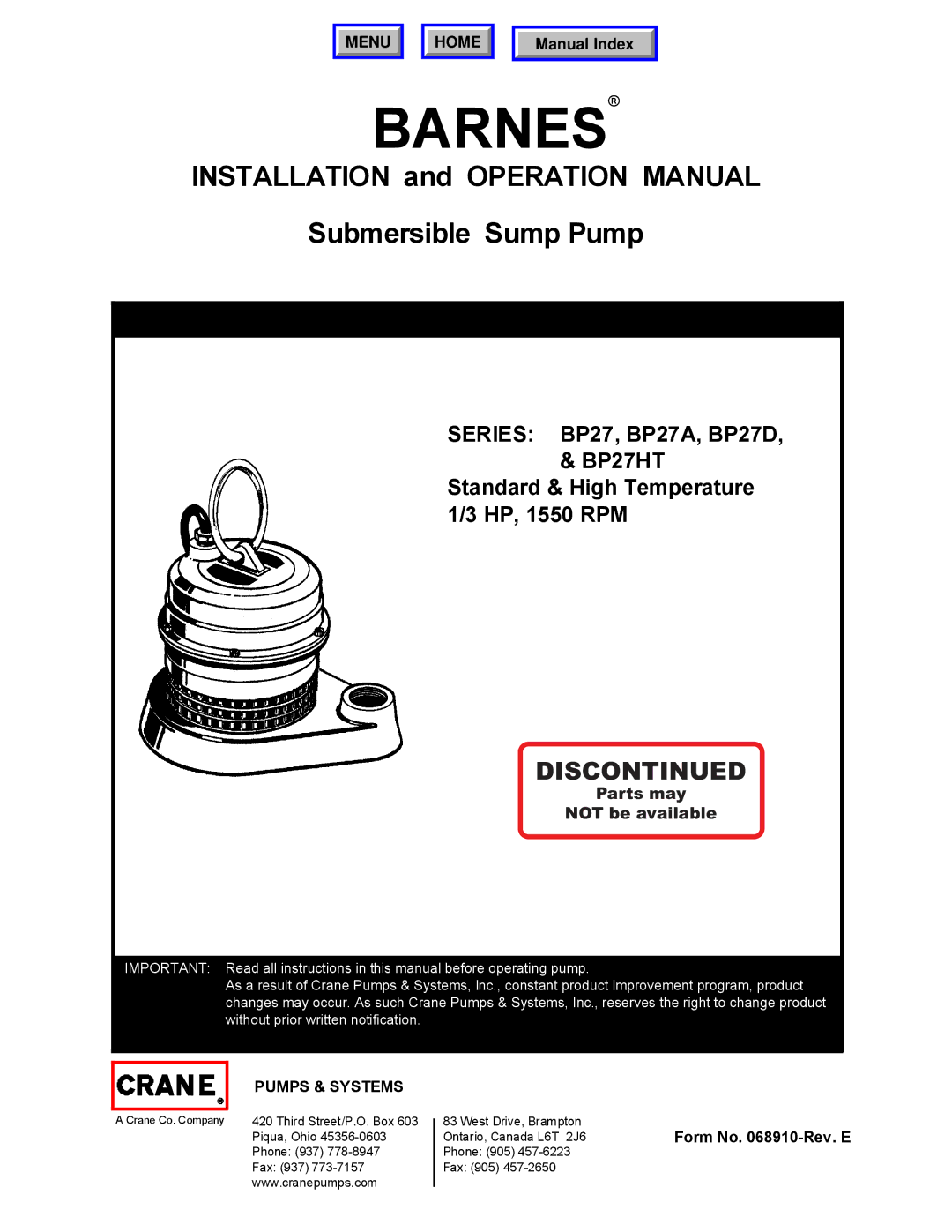 Barnes & Noble BP27HT operation manual Barnes, Series BP27, BP27A, BP27D 